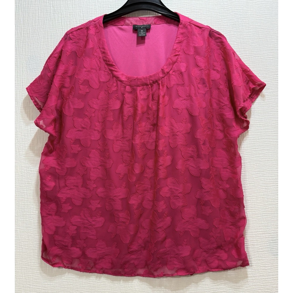 Investments II Top Womens 2X Pink Floral‎ Burnout Short Sleeve Lined Barbiecore